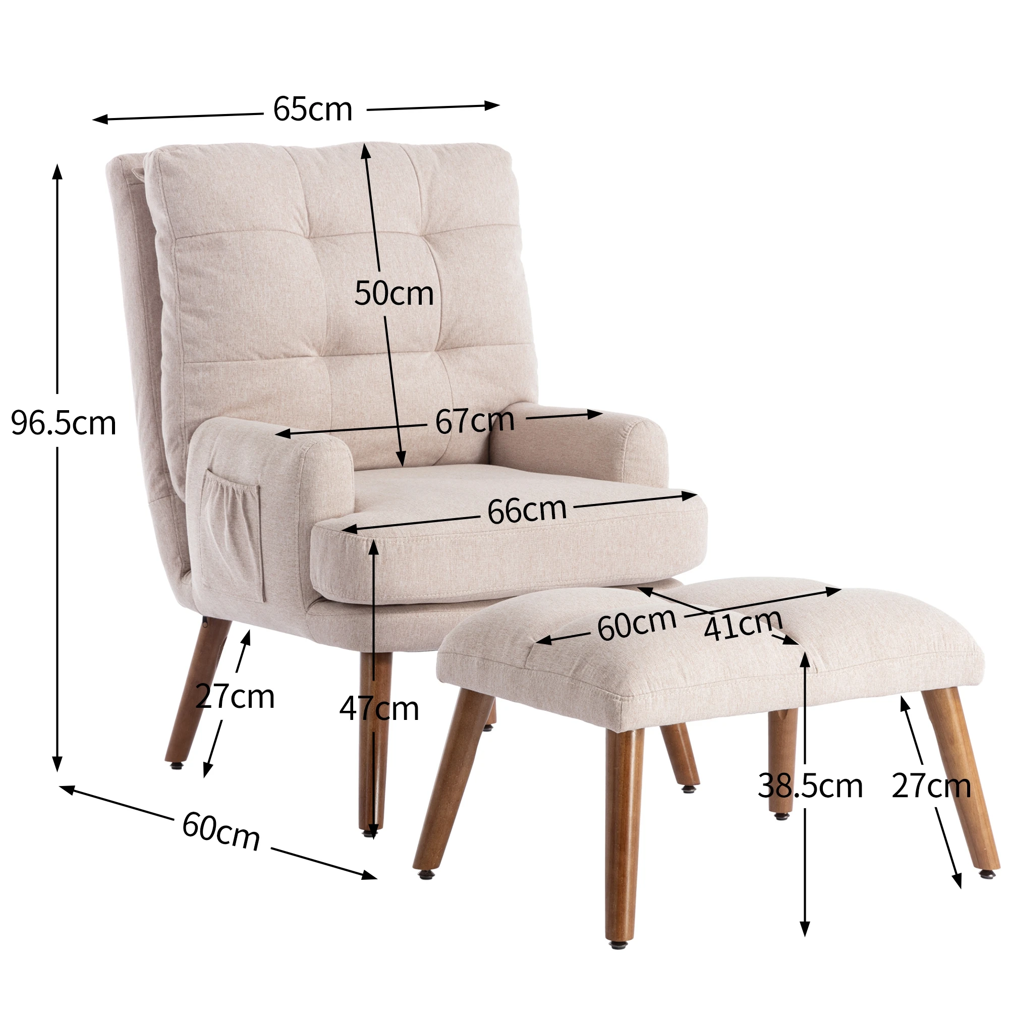 Modern Wood One Seat Tufted Reclining Lounge Chair with Footrest Adjustable Back (3-Position) Side Storage-For Hotel & Villa Use