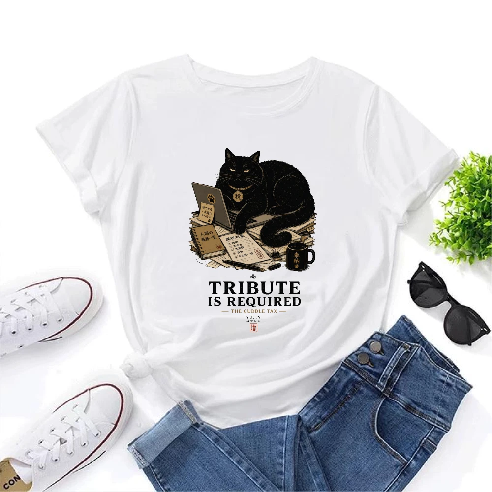 Black Cat Office Tribute Required Unisex Men Women White T Shirt Funny Cute Pet Lover Graphic Tee Top Casual Summer Shirt