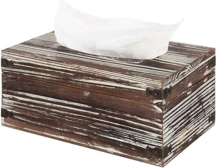 

Rustic Torch Wooden Tissue Box Cover Holder with Metal Accents Foldable Tissue Paper Organizer for Living Room Decor Home