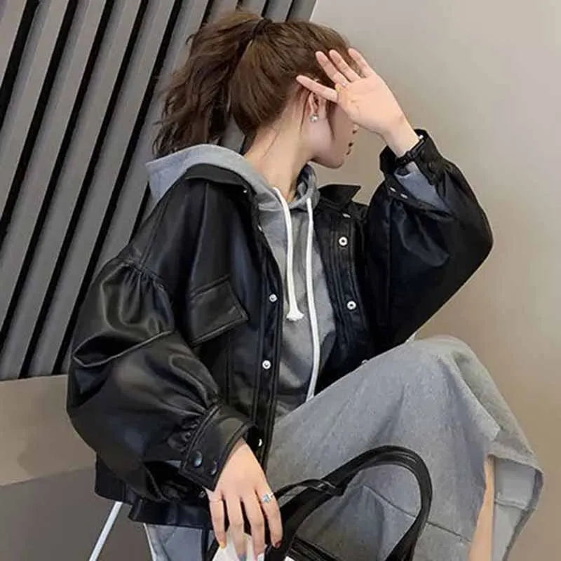 2025 koreanische Frauen Mode Kurze Revers Kragen PU Leder Jacke Tops Mantel Weibliche Neue Lose Anliegende Vielseitige Faux Leder Jacke