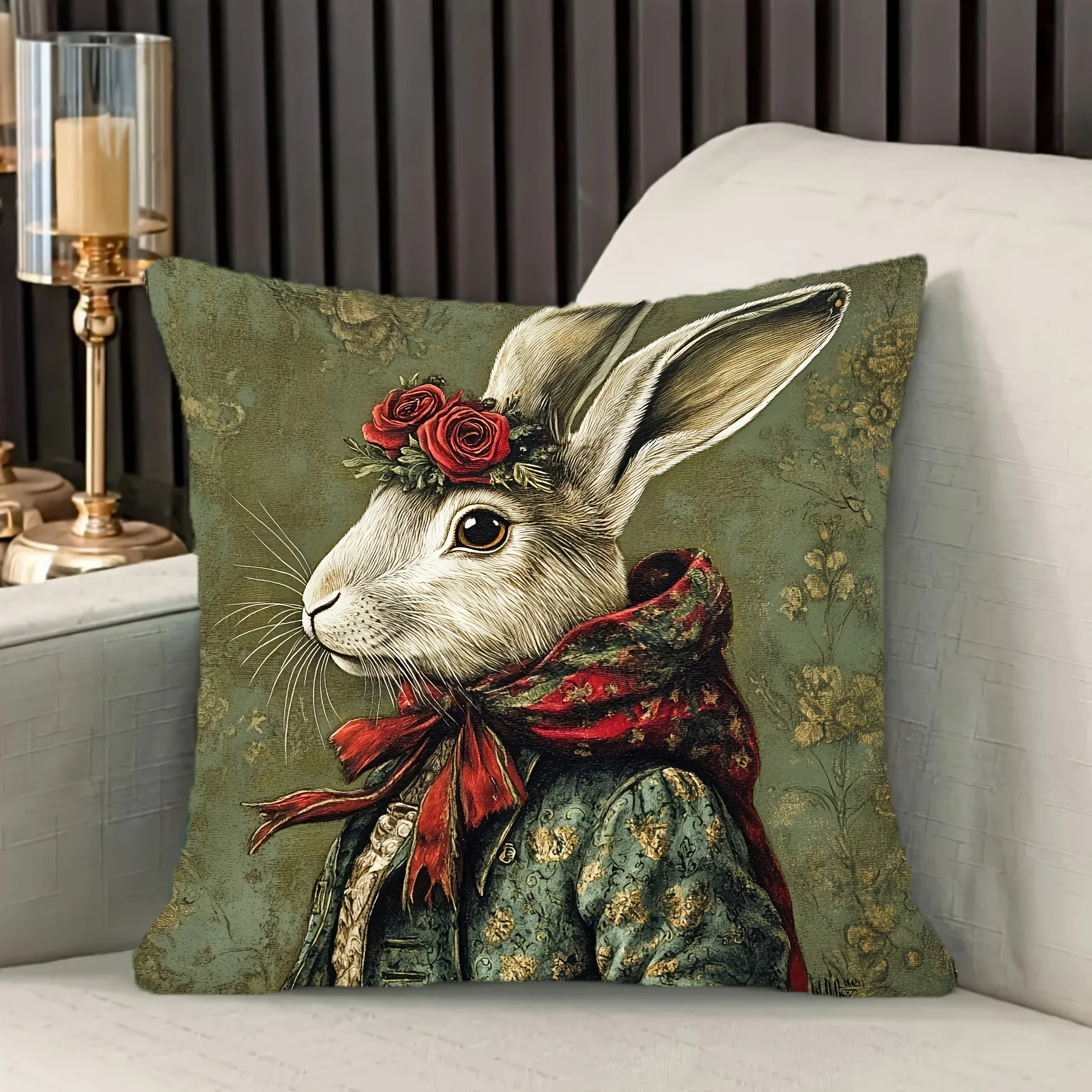 Schicker Kaninchen-Kissenbezug im Vintage-Stil im böhmischen Stil, weicher Polyesterstoff, 45 cm x 45 cm, Reißverschluss, Heimdekoration, Oster-Kissenbezug