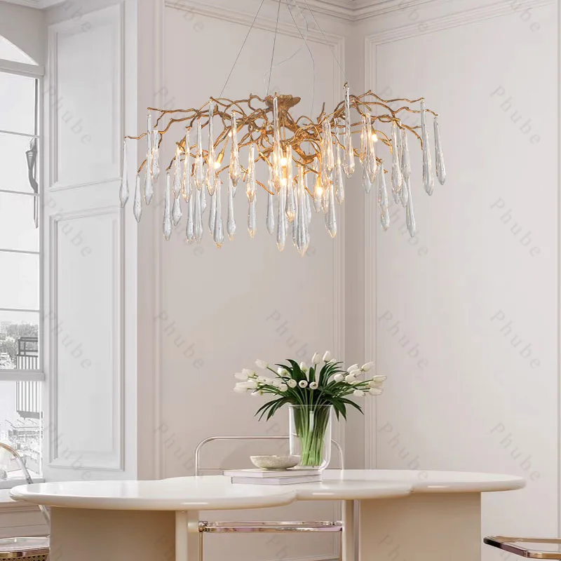 

Modern Water Droplet Crystal Chandelier Gold Hanging lamp Dining Room Kitchen Island Tree Branches Pendant Light Ceiling Lamp