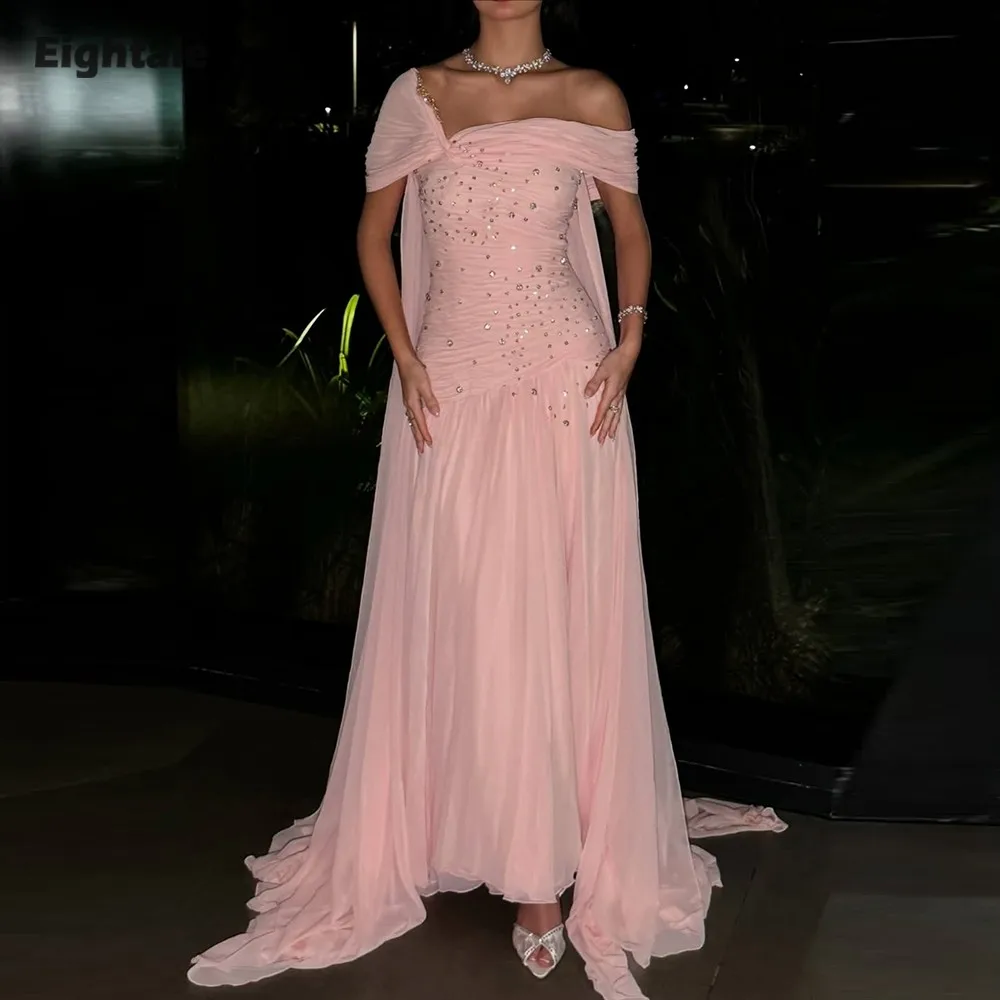 

Eightale арабское вечернее платье с открытыми плечами, индивидуальное трапециевидное платье со складками из бисера, шифоновое розовое платье знаменитостей для выпускного вечера, свадебное платье
