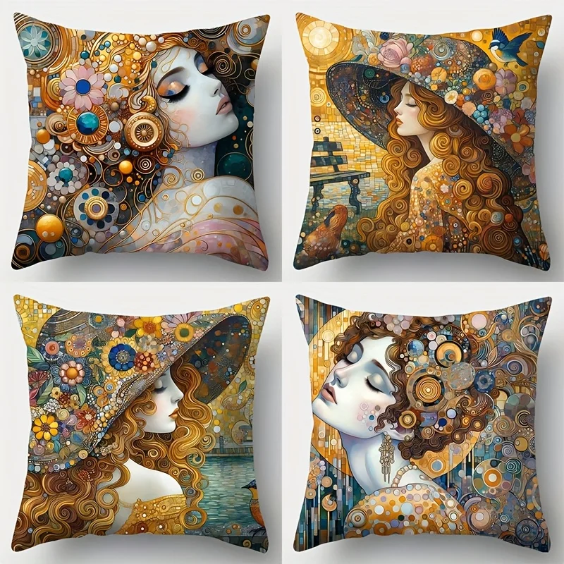 4pcs Beautiful Women Print Pillow Covers, Featuring Klimt Art Style Cute Side Profile Pattern Design