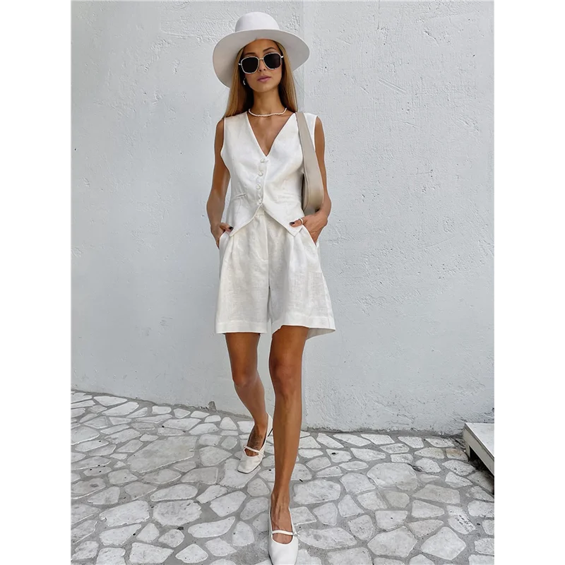 

CGS-Two Piece Sets For Women Summer 2025 Button Down Suit Vest Tops High Waisted Shorts Business Casual Outfits