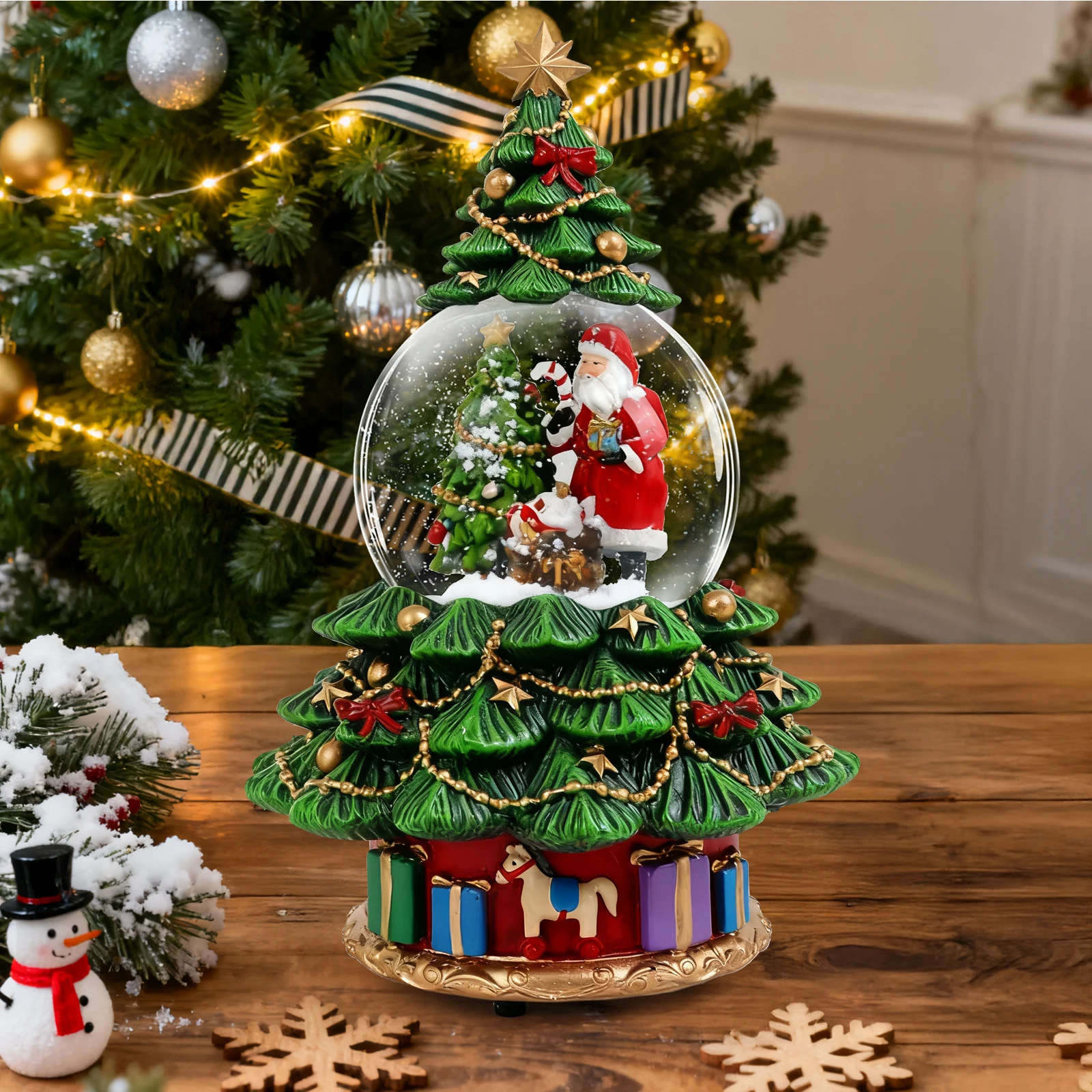 

Nostalgic Christmas Music Box A Timeless Santa Claus & Snowball Scene Under a Christmas Tree, Bringing Classic Holiday Cheer to