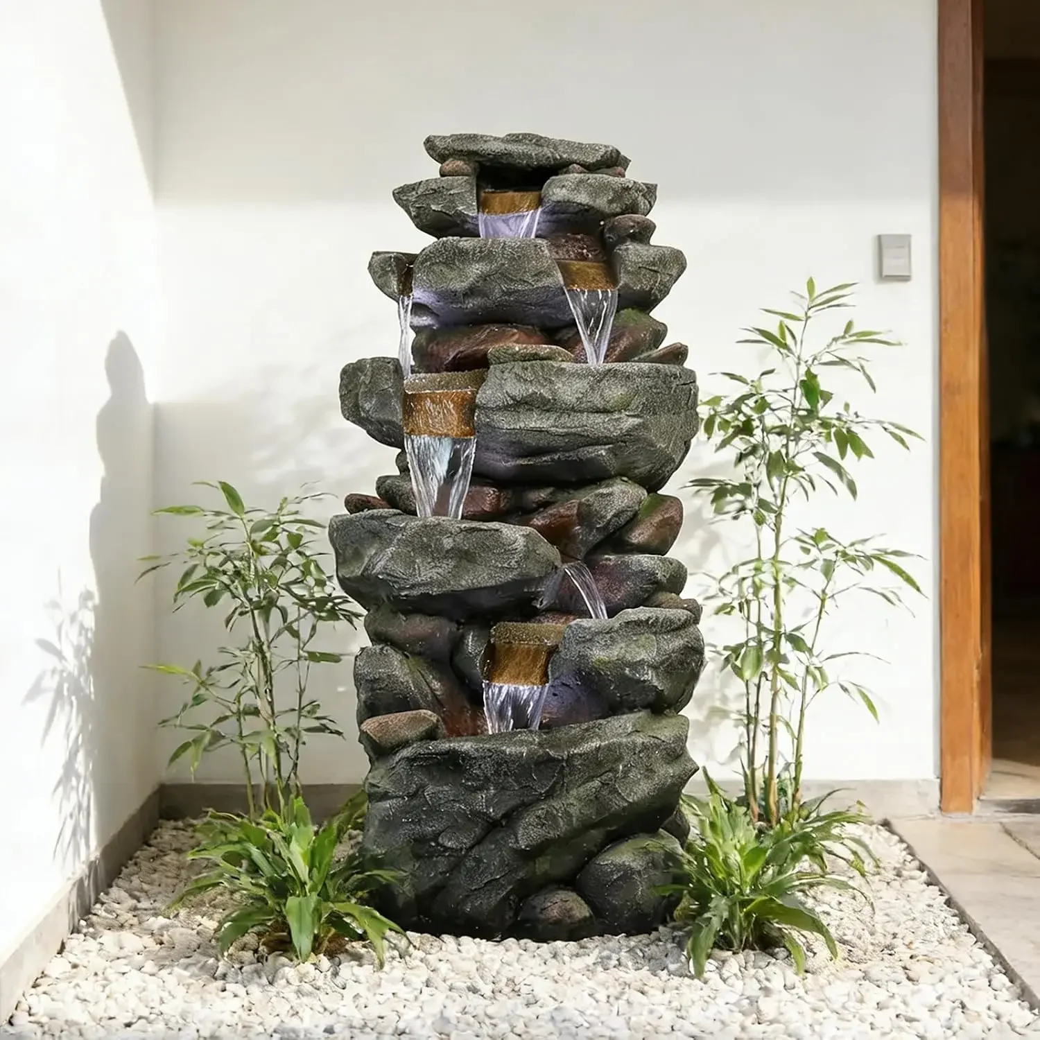 USA Stock40.55inches High Outdoor Rock Water Fountain with LED Lights - 6-Tiers Poly-Resin Cascading Waterfall Fountain for Gard