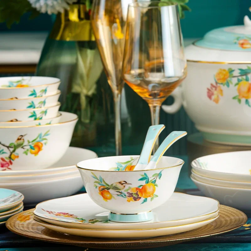 Jingdezhen Bone China Tableware Ceramic Tableware Plate Combination High-End Housewarming Bowl and Dish Set