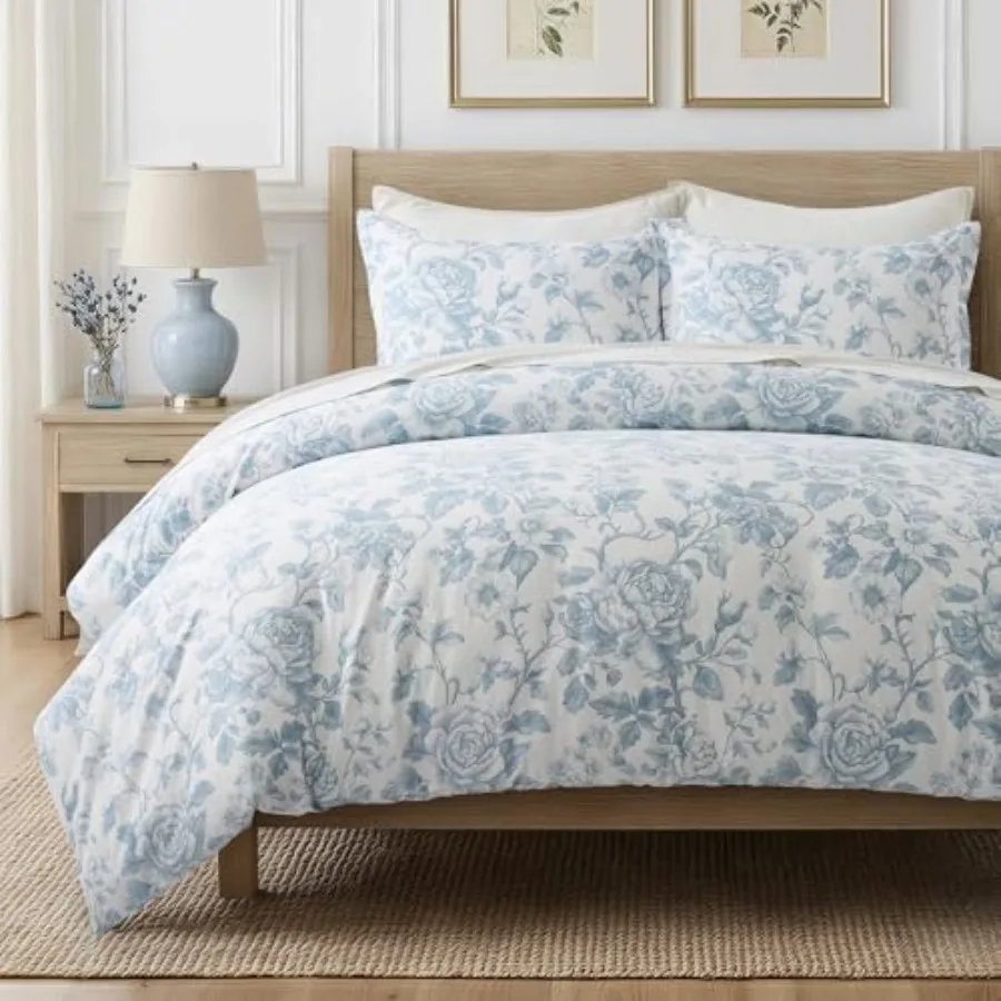 

100% Cotton Sateen Duvet Cover Set Queen Size, 3 Pcs Floral Toile Bedding Set, Pre-Washed Soft and Breathable, Button Closure w