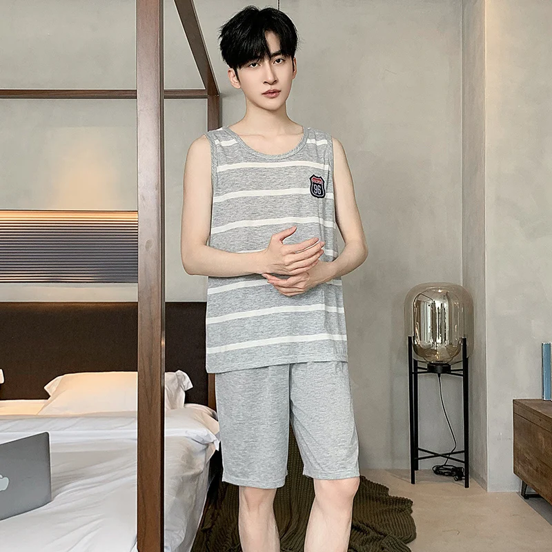 L-4XL men's vest pajamas knit cotton round neck pullover men's pajamas for casual wear fashion print sleeveless pijamas hombre