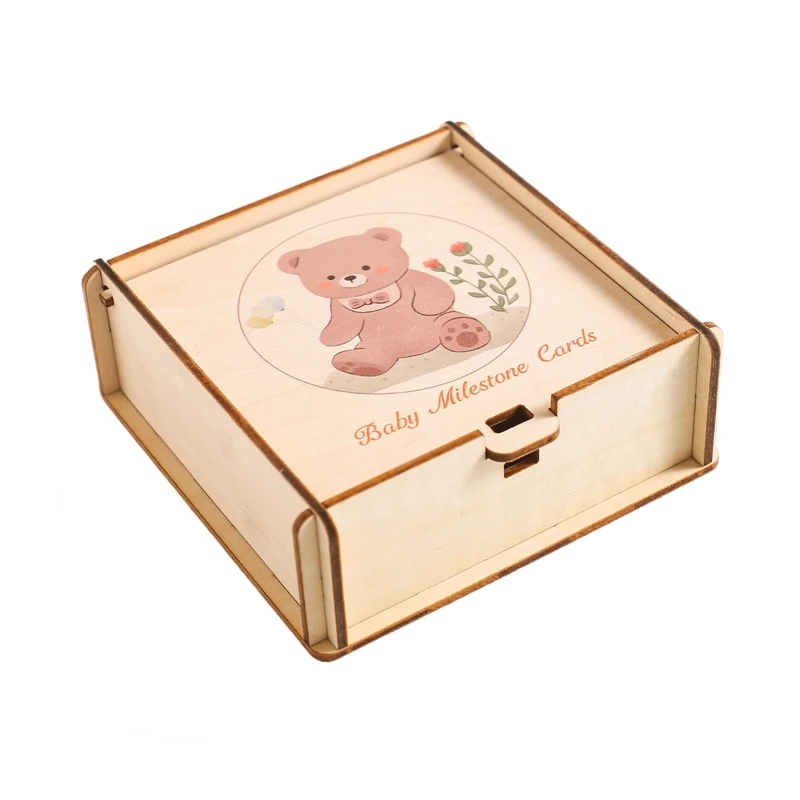 Oso de dibujos animados de madera para bebé, accesorio de fotografía grabable, accesorios de tiro para bebé, tarjeta de regalo, caja de regalo