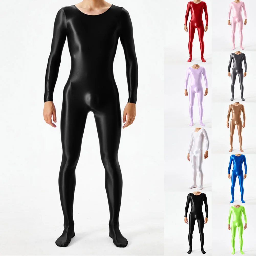 Men Glossy Bodysuit Long Sleeve Tight Full Body Ultra-thin Sheer Jumpsuits Solid Stretch Bodystocking Gay Man Erotic Underwear