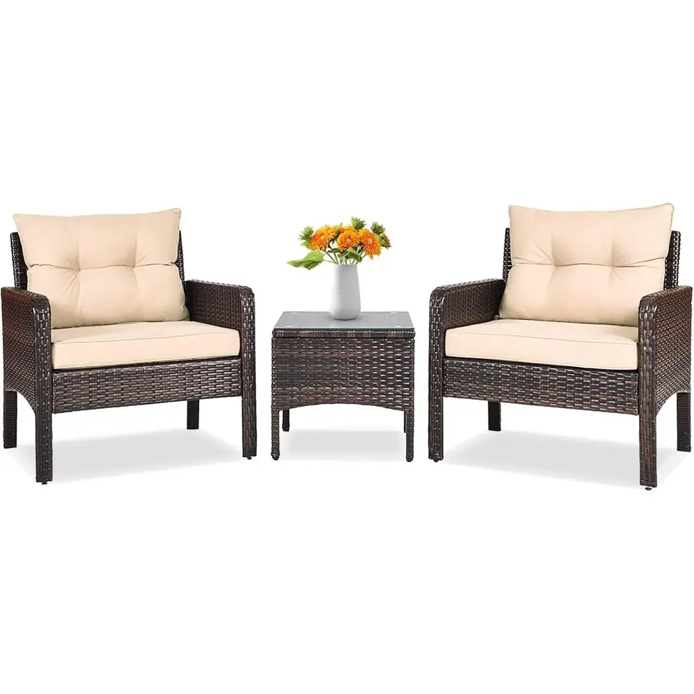 

3-Piece Outdoor Patio Furniture Set: Wicker Chairs with Glass Top Coffee Table, Weather-Resistant Cushions for Garden, Lawn, Poo