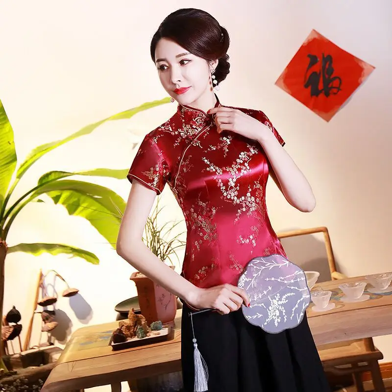 Letnia Koszulka Vintage Cheongsam Top Tee Chiński Strój Tang Damski Hanfu Krótki Rękaw T-Shirt Odzież Damska Bluzki Koszulki