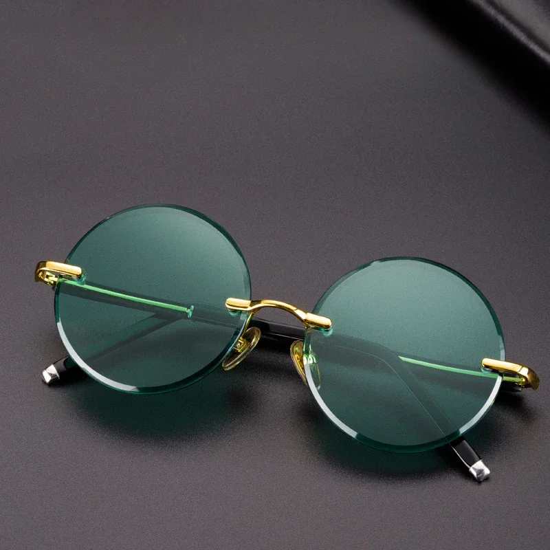 High-quality Retro Round Frameless Alloy Trendy Men and Women Dark Green Crystal Sunglasses Outdoor Fashion UV400 Sun Glasses