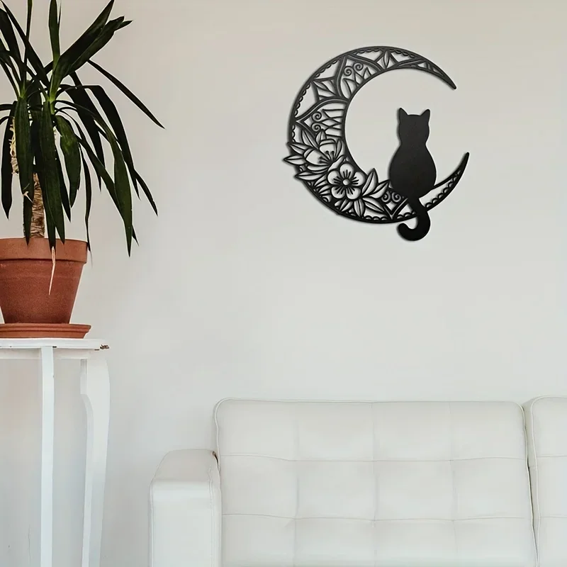 Crafts Cat And Moon Metal Wall Decor, Black Cat On The Moon Wall Pediments, Black Cat Wall Sculpture For Cats Lover, Home Decor