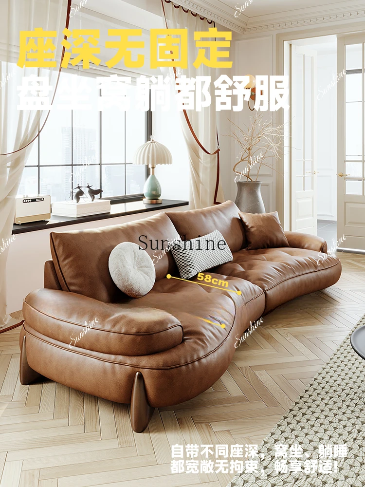 Leather caramel color brown cream style retro light luxury curved sofa  FT