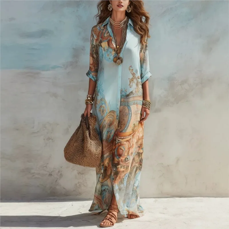 Boho Blumenprint Hemdkleider für Damen mit Umlegekragen, Einreihig, Locker Geschnittenes Langes Kleid, Sommerliches Casual Strand- und Urlaubskleid