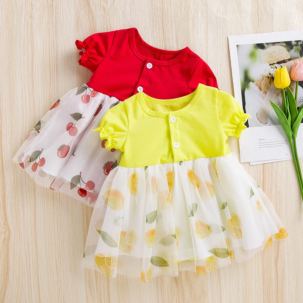 

Spring Summer Fashion Flower Mesh Puff Sleeve Baby Dress Korean Style Button O Neck Infant Dresses Vestidos