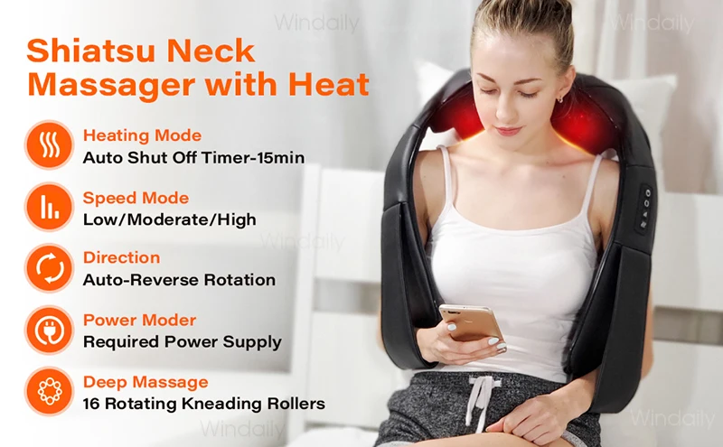 4D Shiatsu Nacken- und Schultermassagegerät mit Wärme, elektrische Rückenmassagegeräte, Knetmassagekissen, Ganzkörpermuskulatur, Heim- und Autogebrauch – Detail 1
