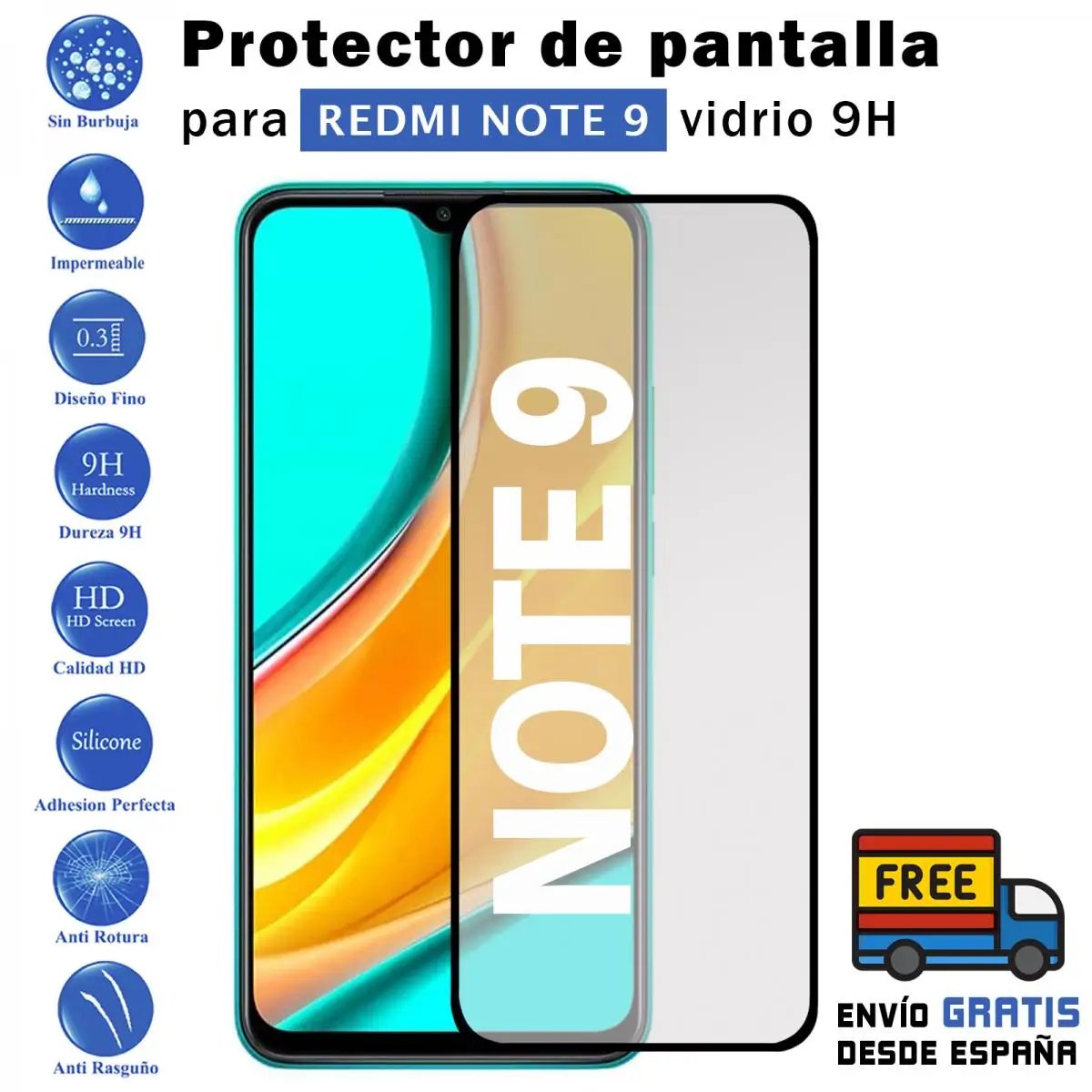 Xiaomi Redmi Note 9 black tempered glass screen Protector 9H for movil - Todotumovil