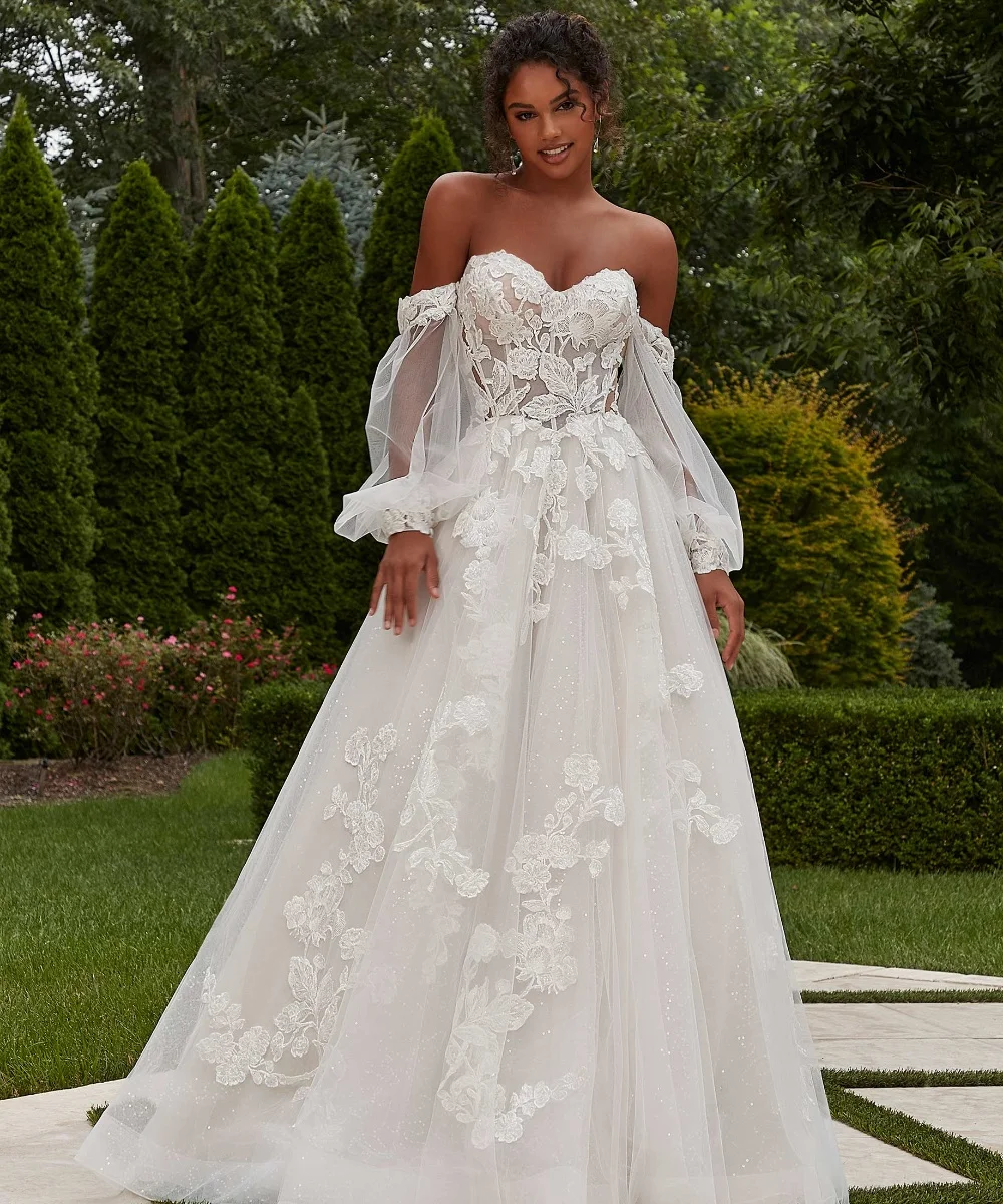 2024 맞춤형 보헤미안 A라인 웨딩드레스 퍼프 롱 슬리브 레이스 아플리케 비즈 장식 신부 드레스 베스티도 데 YAW89