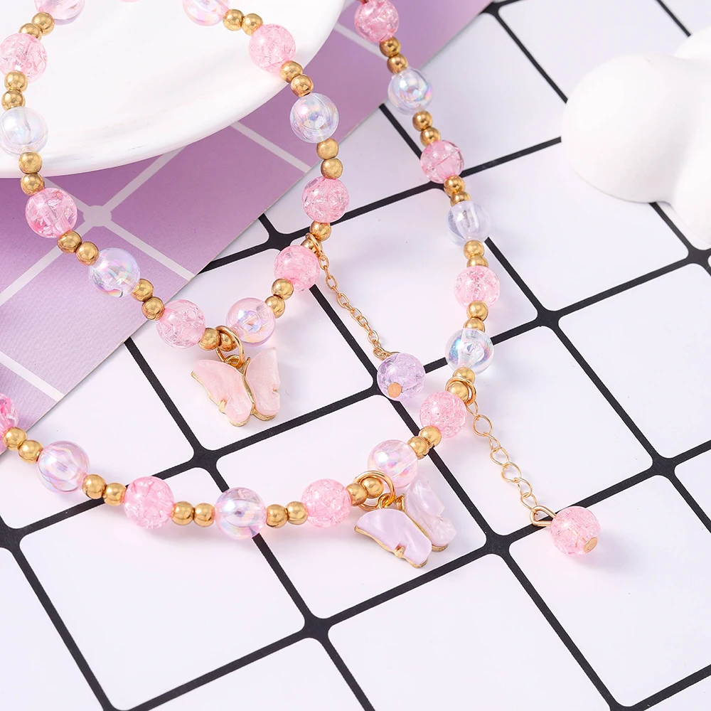 Aihua Romantische rosa Kristall Schmetterling Armband Halskette für Frauen Mädchen bunte Popcorn Perlen Halsband Halskette Schmuck Set – Detail 8