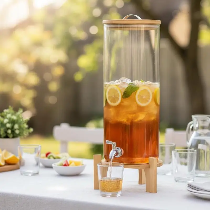 Glass Drink Container 3.5 Gallon For Parties Gatherings Celebrations, Wood Base Metal Tap Clear Jar Large Capacity Beverage Pot
