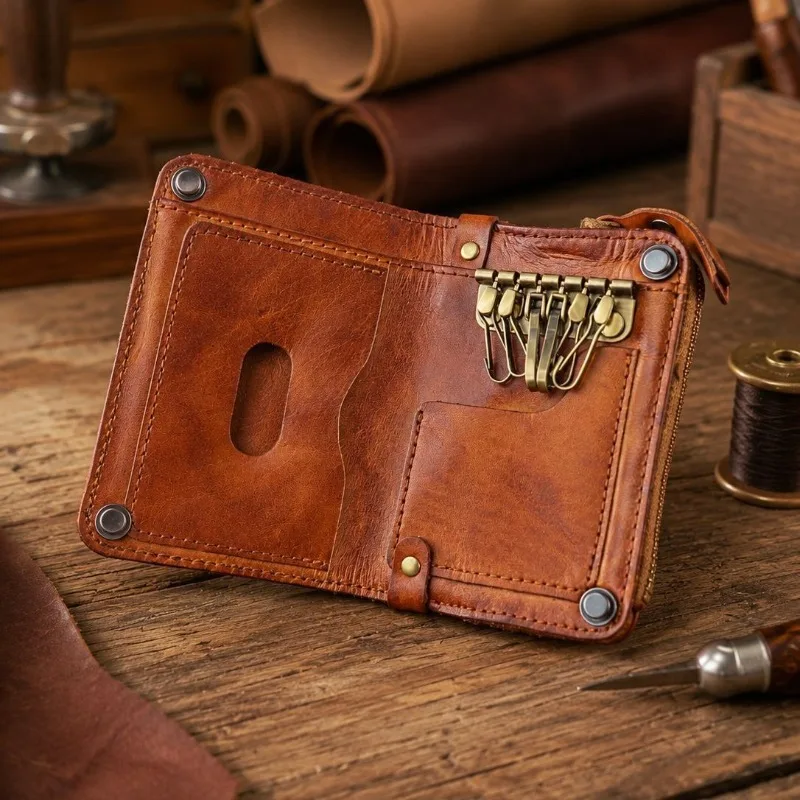 Top Grain Vegetable Tanned Leather Wallet for Men, Premium Vintage Washed 3-in-1 Purse, High-Quality Card & Key Organizer Wallet