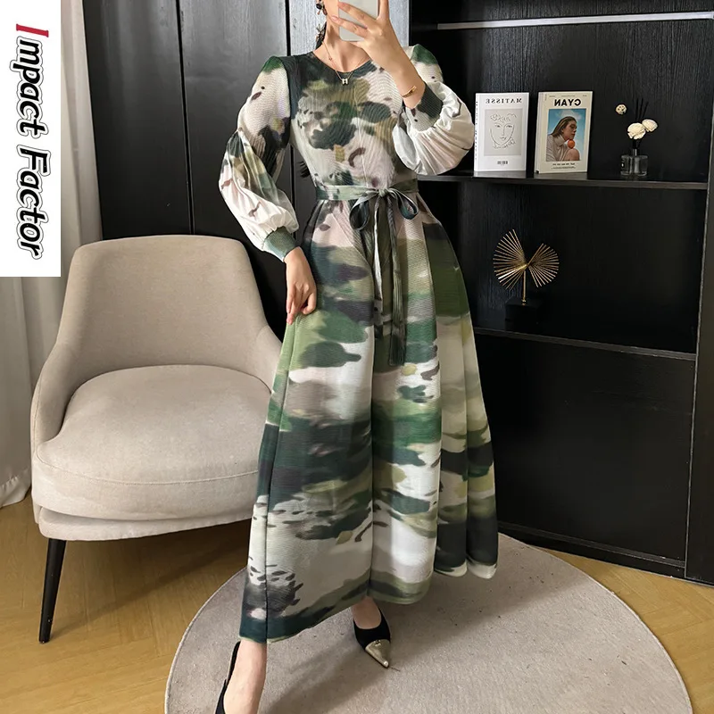 Pleated Fashion Print Dress Women Full Sleeve A Line Belt Medium Long Evening Parrt Temperament New 2024 Clothing