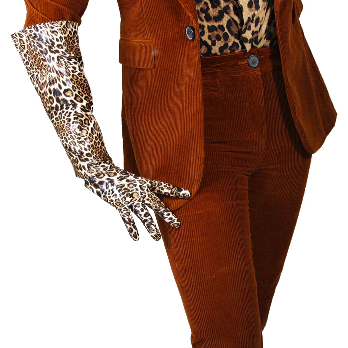 

DooWay Brown Leopard GLOVES Wide Puff Sleeves Unisex 50cm Elbow Long Faux Patent Leather Evening Opera Costume Cosplay Glove