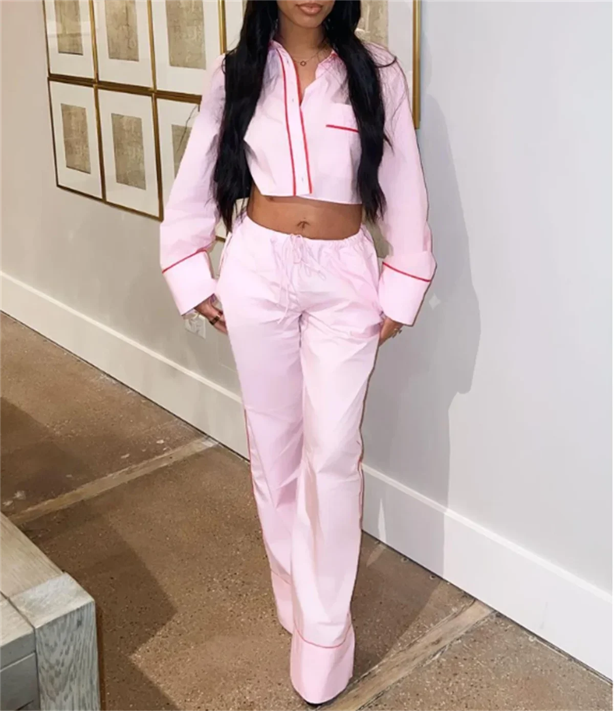 Woman\'s Fashion Pink Suits Long Sleeves Turn-Down Collar Single Breasted Shirt Wide Leg Long Pant Elegant 2024 2 Piece Set