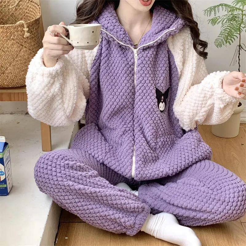 Anime Cinnamoroll Coral polar grueso traje de casa Kawaii Pochacco mujeres pijamas cálidos de felpa conjunto de camisón lindo de dibujos animados para niñas