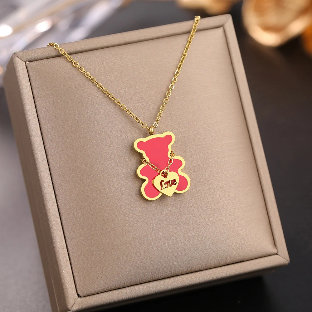 Stainless Steel Necklaces Lovely Cute Bear Shell Pendants Korean Fashion Choker Female Chain Necklace For Women Jewelry Girls