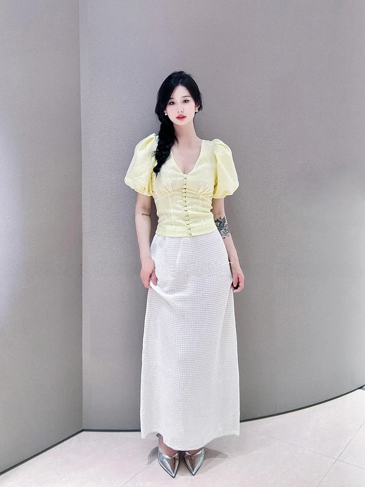 

Early Autumn Faionable Casual Slimming V-Ne Bubble ort Sve T-irt Women's Top Sli Age-Defng Body-a