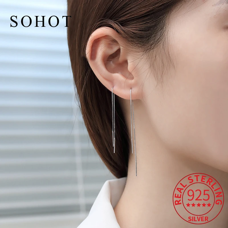 

Real 925 Sterling Silver 10/16/20CM Long Chain Tassel Earline Minimalist Earrings For Women Trendy Fine Jewelry Accessories