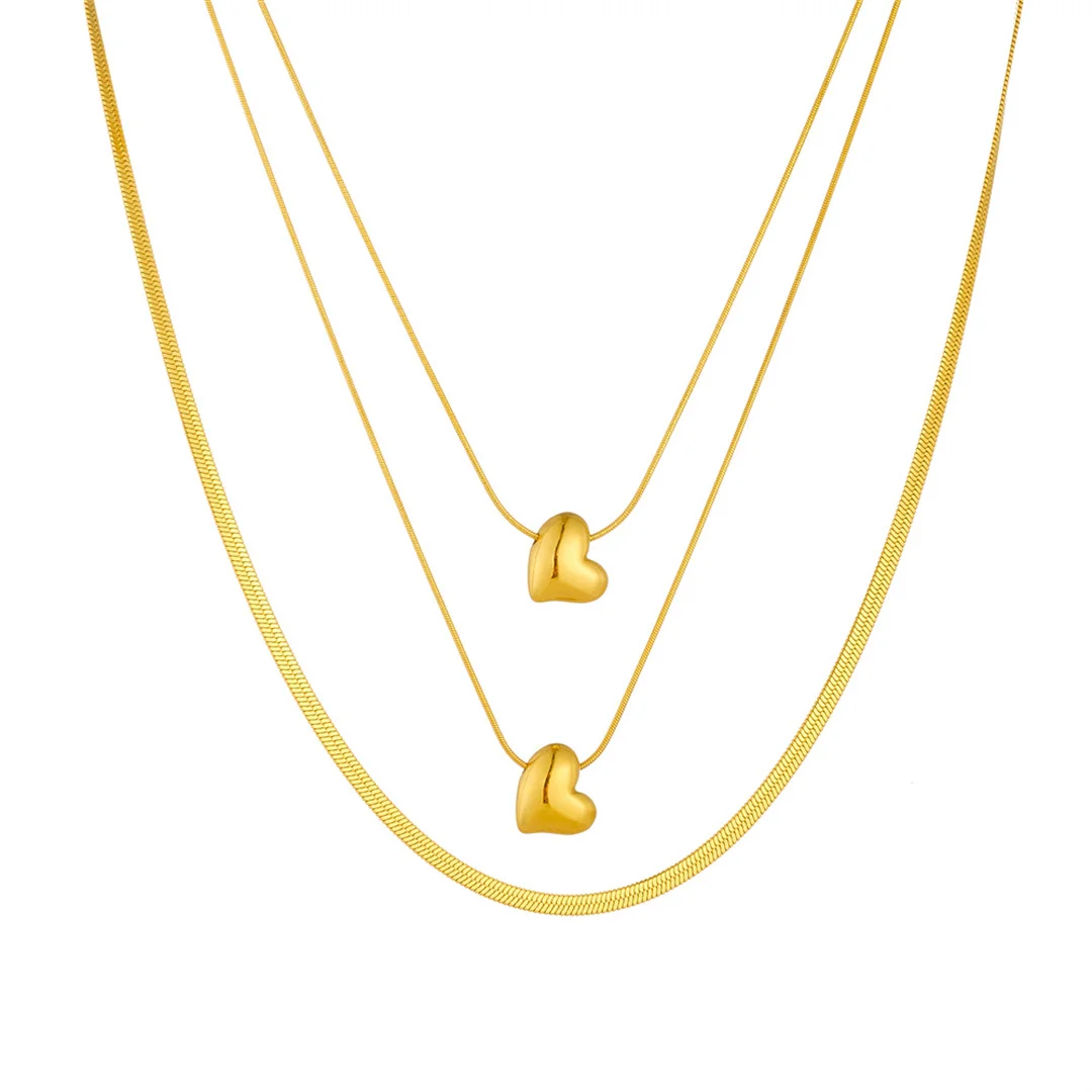 

Punk Fashion Love Heart Pendant Female Gold Color Stainless Steel Three Layer Snake Bone Chain Link Necklace for Women Jewelry