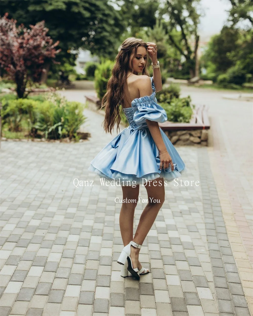 Qanz Customized Blue Vestidos De Fiesta Puff Sleeves Short A Line Lace Up Back Vestidos De Graduación Birthday Party Dresses