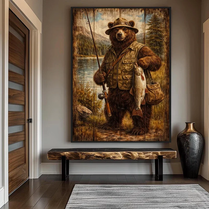 Multiple sizes 1pc frameless Canvas Painting,Fishing Bear Rustic Brown Bear Poster and Prints Canvas Painting Wall Art Pictures