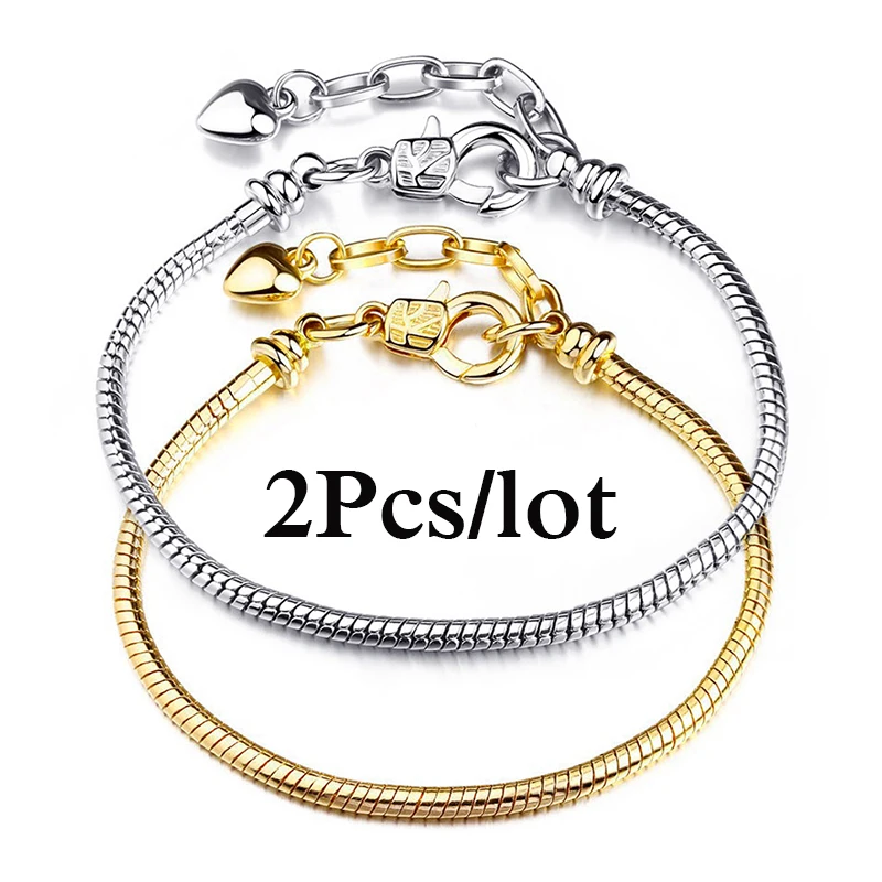 2Pcs/Lot Special Offer Silver Color Snake Chain Charm Bracelets DIY Original Brand Bracelet For Women Men Jewelry Dropshipping