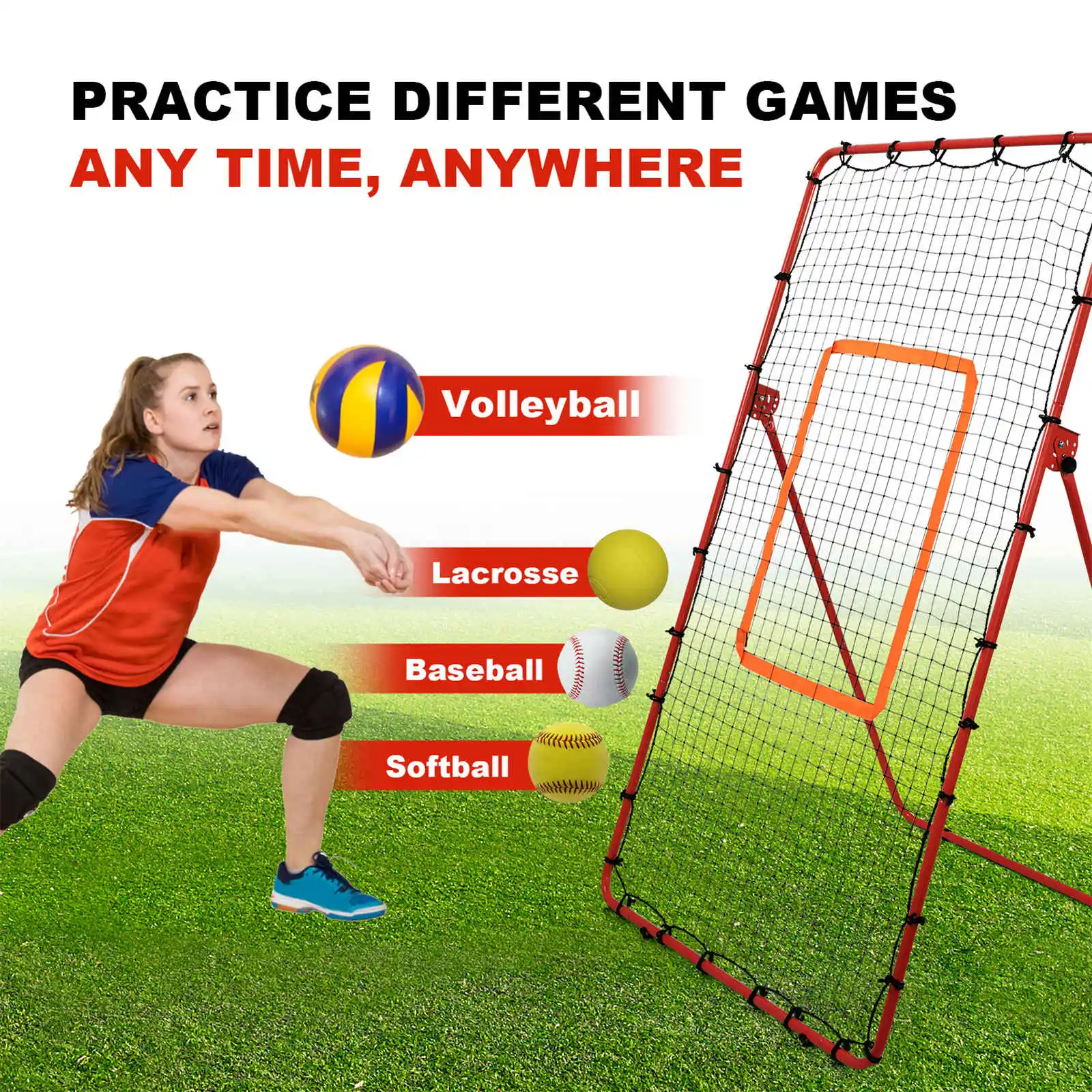 Rete di rimbalzo per pallavolo, rete da pallavolo con 5 angoli di rimbalzo regolabili, rete per bordo di ritorno con rimbalzo, partner di lancio portatile (rosso)