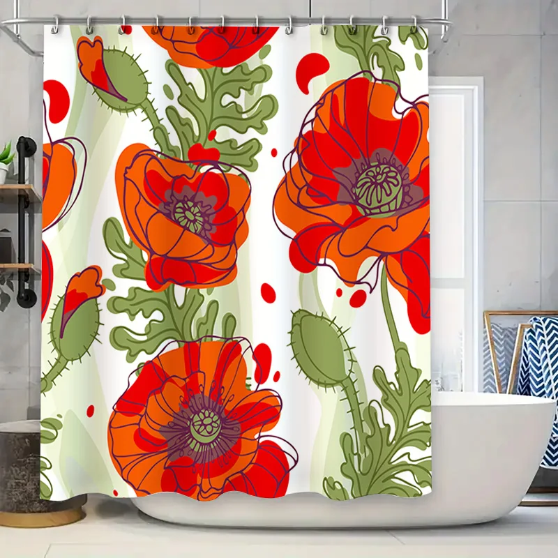 Vibrant Poppy Flower Shower Curtain Orange and Red Floral Bath Decor for Bathroom Polyester Fabric with Eyelets Ring Large Size