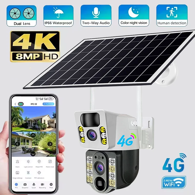 

4K 8MP двойной объектив 4G Wi-Fi камера Солнечная PIR Обнаружение человека Водонепроницаемая видео IP-камера безопасности Батарея ночного видения Монитор видеонаблюдения