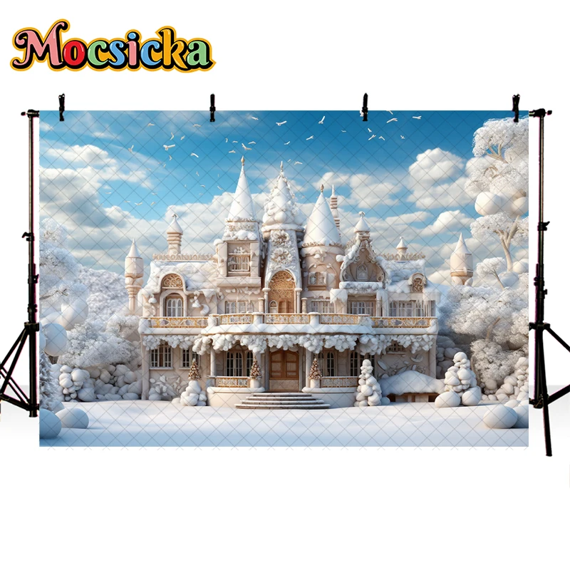 Mocsicka fotografia tło boże narodzenie zamek dom zimowy śnieg Xmas dziecko portret rodzinny wystrój zdjęcie tła Studio