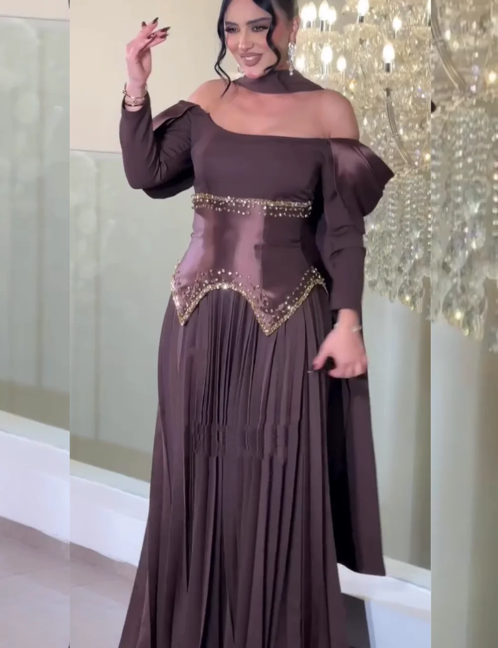 

Customized Fashion Chiffon Pleat Sequined A-line Off-the-shoulder Long Evening Dresses Luxury 2025 Celebrity Formal