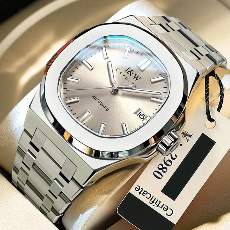 IW Square Gray Dial Automatic Mechanical Watch for Men TOP Brand Original Steel Luminous Waterproof Date Man Wrist Watch Luxury