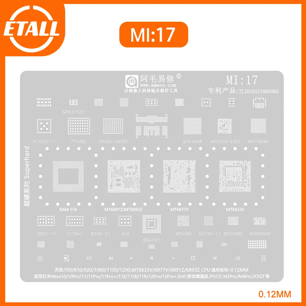 Bga Estêncil Reballing Xiaomi m4 m3 Pro X3gt Redmi Note 10 11 11e 12 Pro 700 810 900 1080 1100 1200 6893z 6891z Amaoe-m17