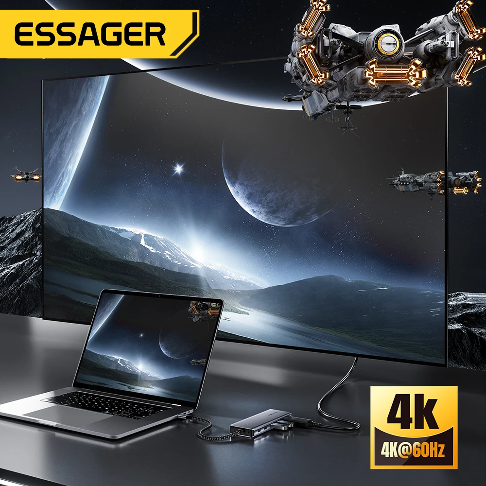 Essager USB C 허브, M.2 SSD 하드 디스크 인클로저 포함, 6/7 인 1, PD100W, USB3.2, 10Gbps HDMI, USB C 타입 어댑터, 맥북 프로 에어 PC용