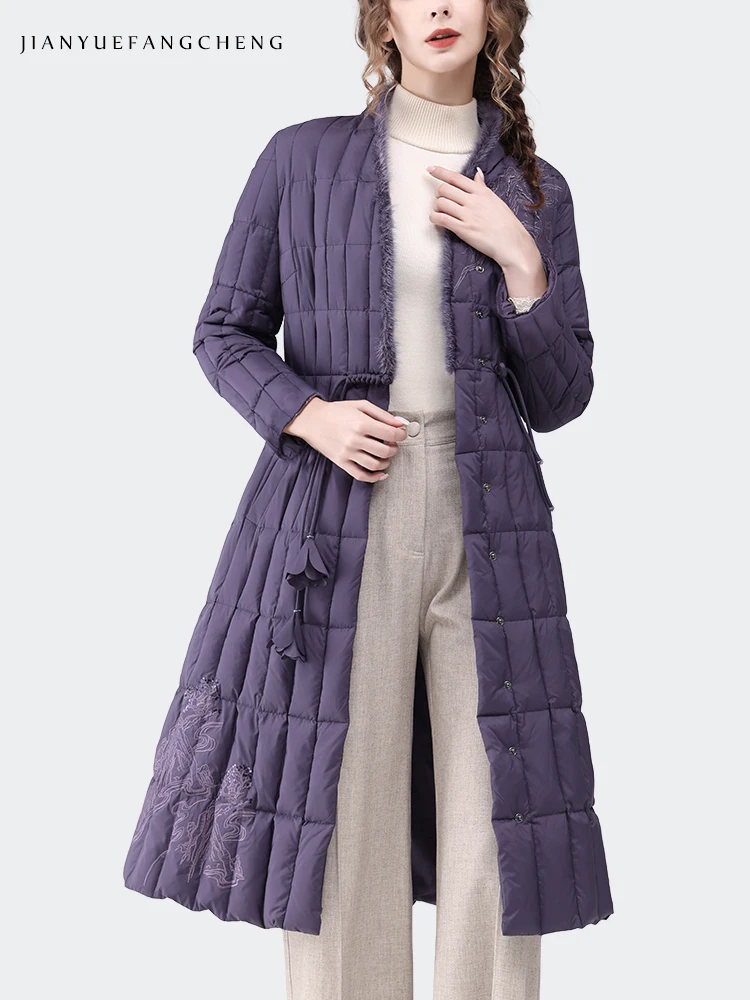 Vintage Embroidered Purple Long Down Dress Women Winter New High Waist A-line Warm Thickended White Duck Down Puffer Coats