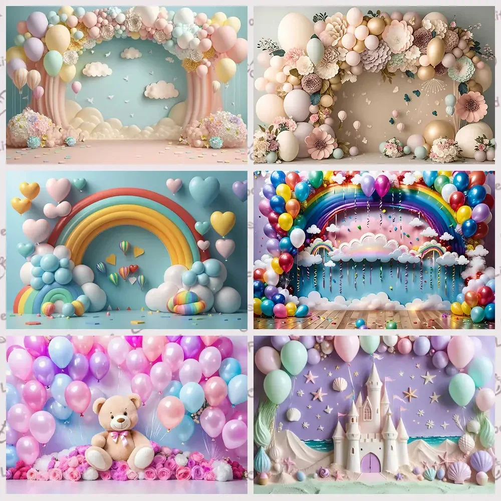 

MOON.QG Balloon Flowers Children Birthday Photocall Arch Backdrops Boys Girls Party Teddy Bear Rainbow Photo Studio Backgrounds